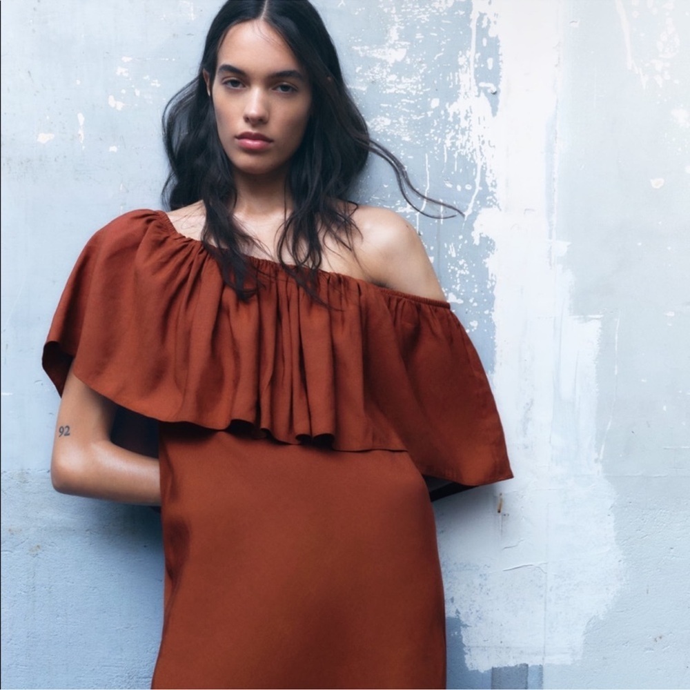 Zara Off Shoulder Linen Blend Ruffle Maxi  Rust Dress Small - Picture 8 of 14